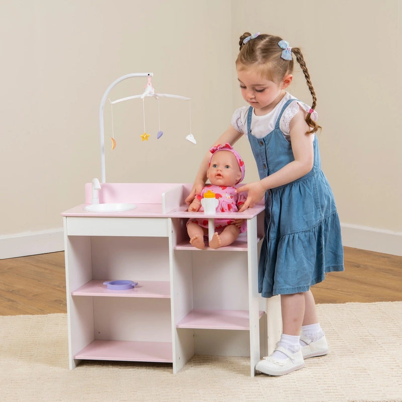 Wooden Baby Changing Unit with Highchair, Sink Station & Accessories - Pink & White