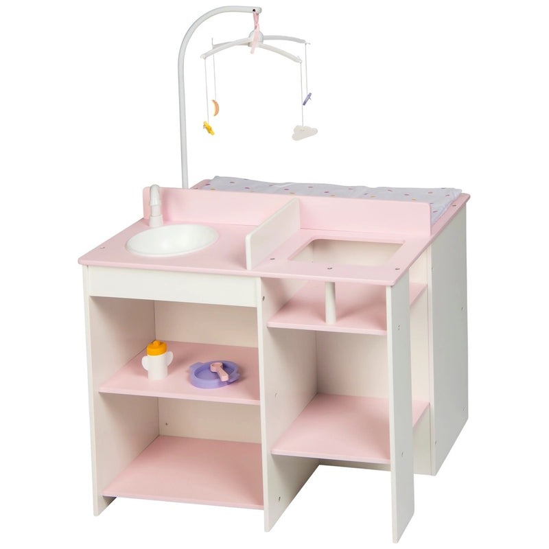 Wooden Baby Changing Unit with Highchair, Sink Station & Accessories - Pink & White