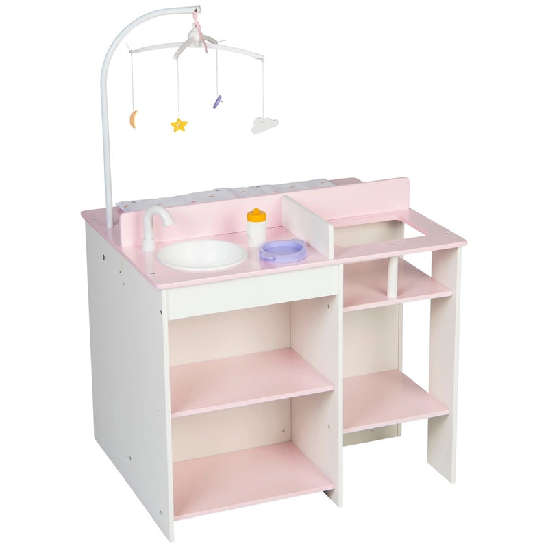 Wooden Baby Changing Unit with Highchair, Sink Station & Accessories - Pink & White