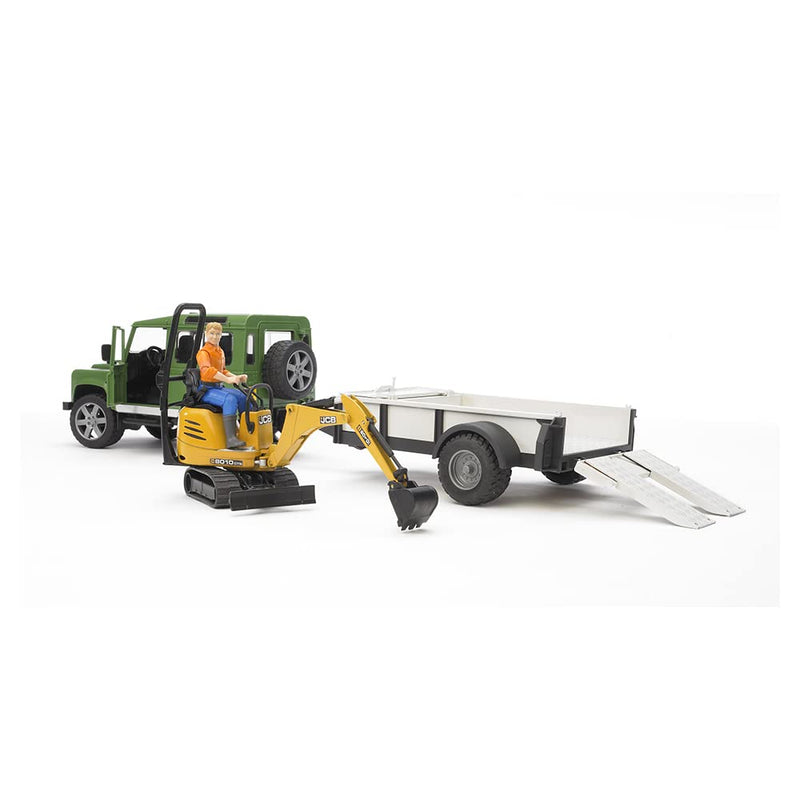 Bruder Land Rover Defender with Trailer, JCB Excavator and Worker