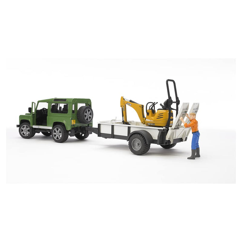 Bruder Land Rover Defender with Trailer, JCB Excavator and Worker