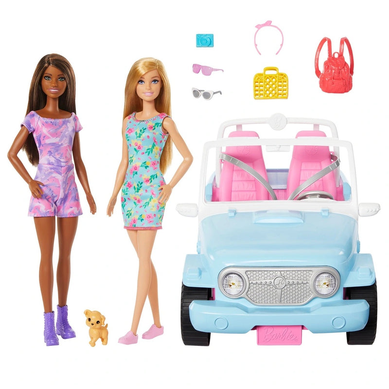 Barbie Jeep with 2 Dolls, Puppy and Accessories Set