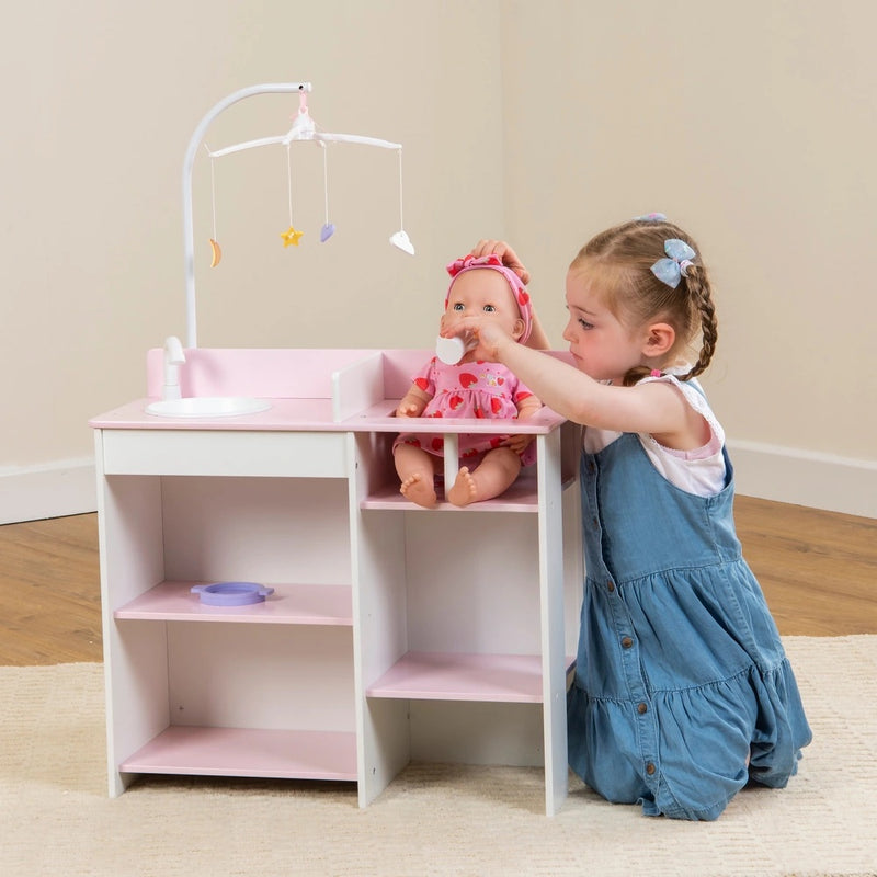 Wooden Baby Changing Unit with Highchair, Sink Station & Accessories - Pink & White