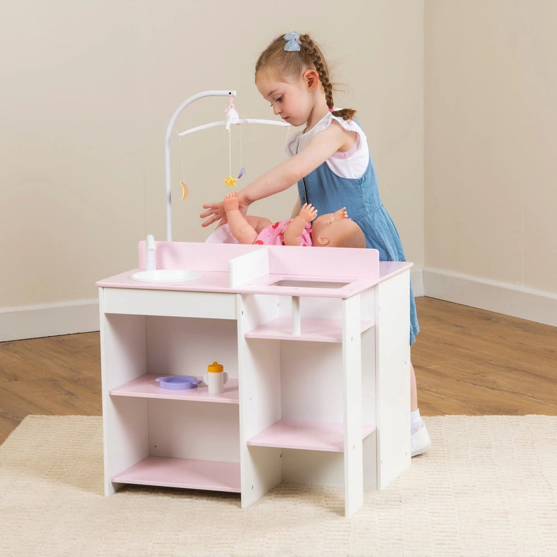 Wooden Baby Changing Unit with Highchair, Sink Station & Accessories - Pink & White