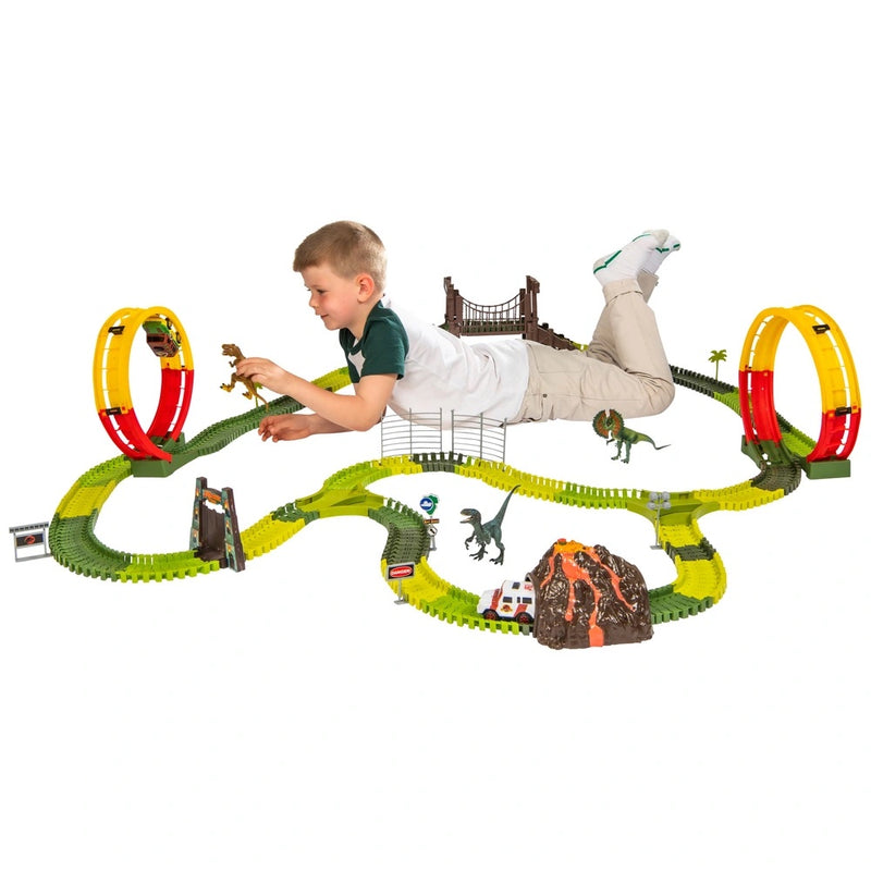 Jurassic Park Adventure Track Playset: Dino Racing Fun with Volcano & Light-Up Gate!