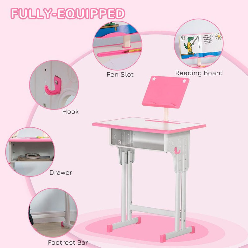 Kids Desk and Chair Set With Drawer, Book Stand, Cup Holder, Pen Slot, Pink