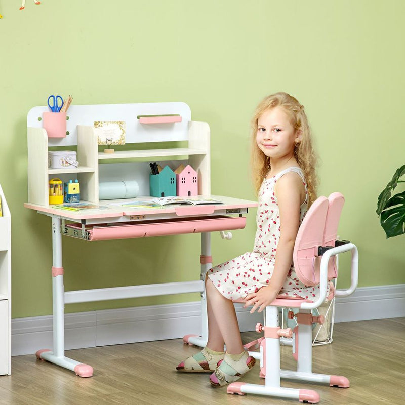 Children's Height Adjustable Study Desk and Chair - Pink with Storage