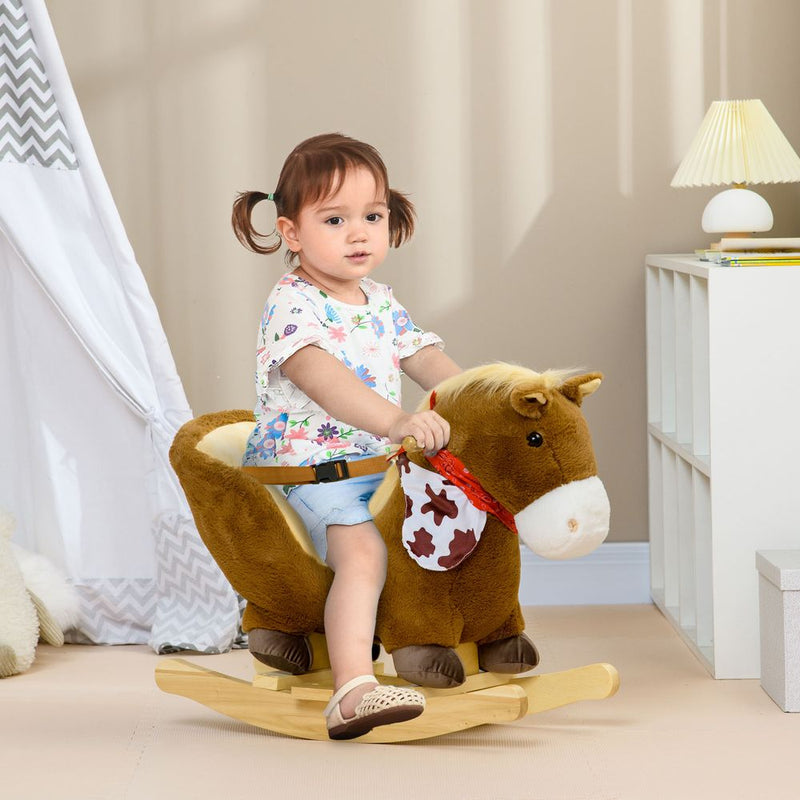 Kids Rocking Horse, Plush Baby Rocking Chair with Safety Harness, Sounds