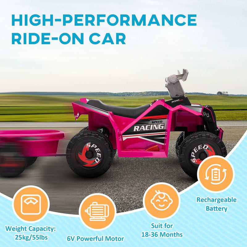 Electric Quad Bike, 6V Kids Ride On ATV With Back Trailer for - Pink