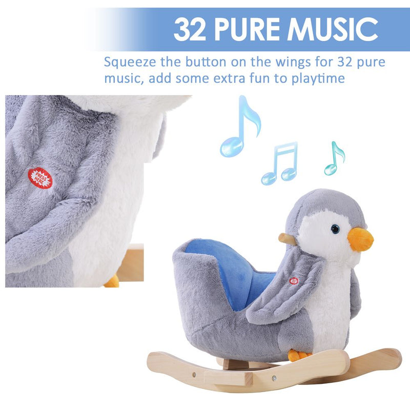 Animal Baby Rocking Horse Penguin Plush Musical Button With 32 Songs Wood