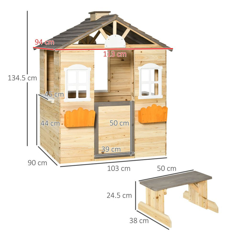 Wooden Kids Playhouse w/ Door, Windows, Bench, For Ages 3-7 Years