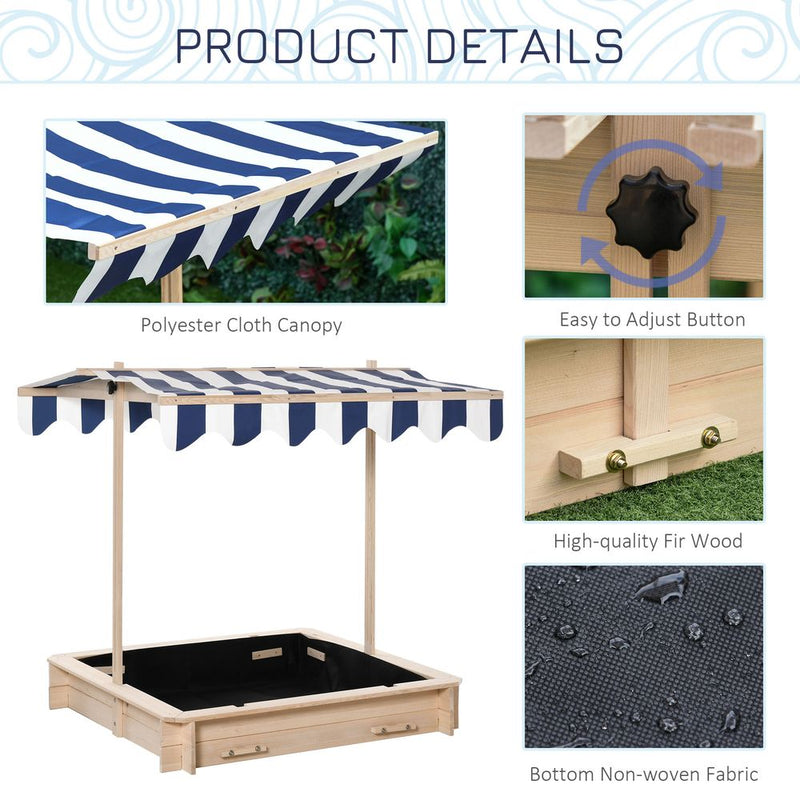 Wooden Sand Pit for Kids with Adjustable Canopy and Detachable Bench Seats