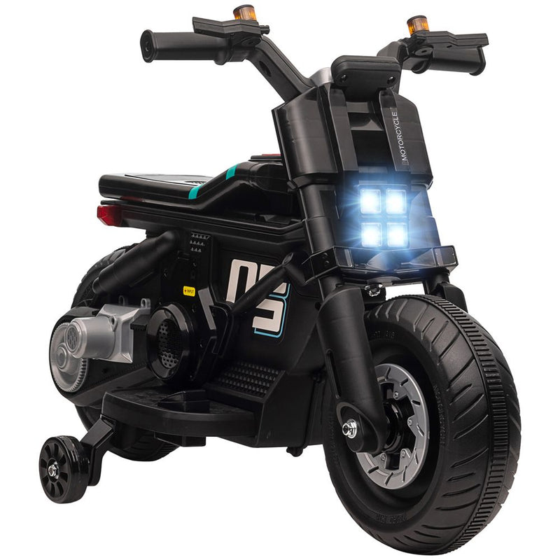 6V Kids Electric Motorbike With Training Wheels, for 3-5 Years - Black