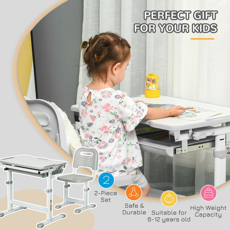 Kids Desk and Chair Set Adjustable Tiltable With Drawer, Pen Slot, Hook