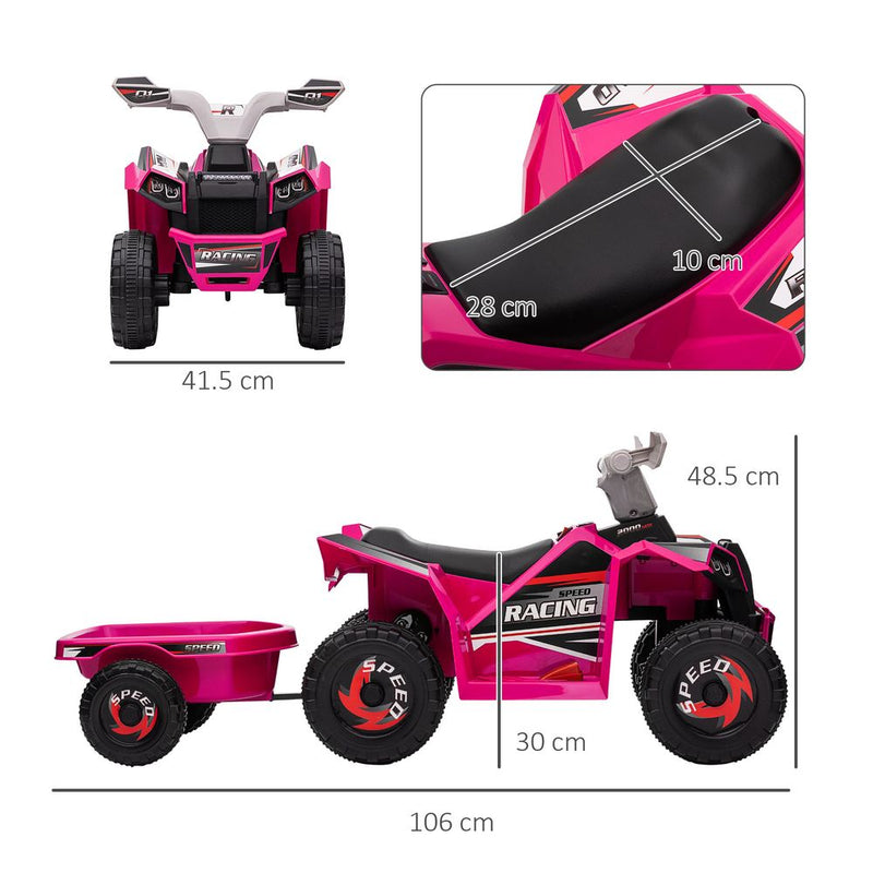 Electric Quad Bike, 6V Kids Ride On ATV With Back Trailer for - Pink