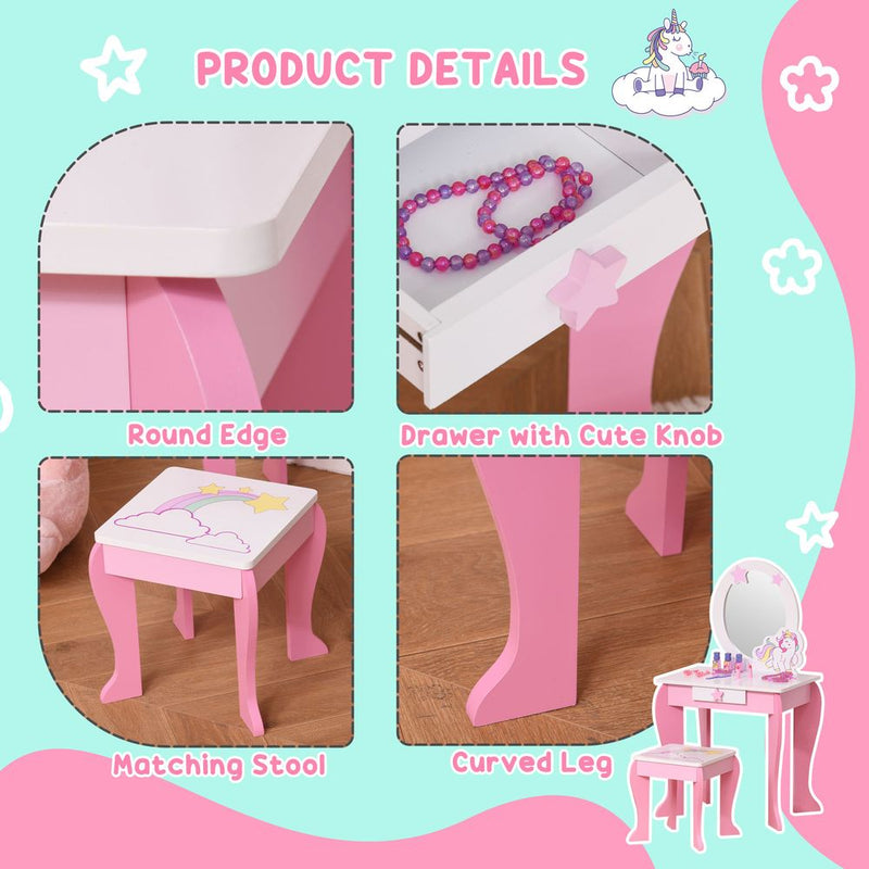 Kids Dressing Table, Girls Vanity Set With Mirror and Stool Unicorn-Designed