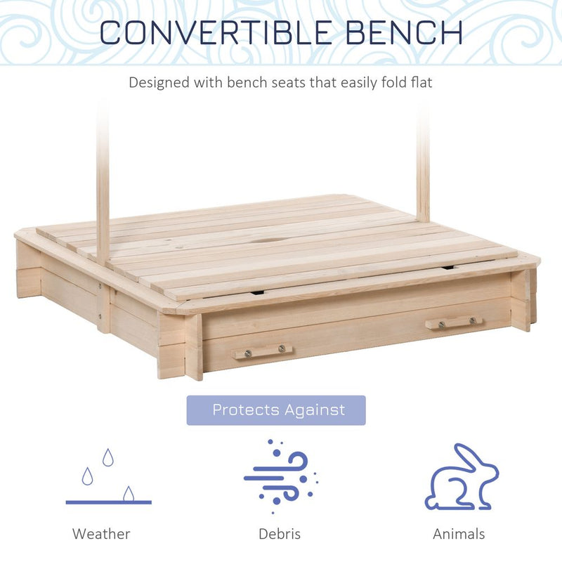 Wooden Sand Pit for Kids with Adjustable Canopy and Detachable Bench Seats