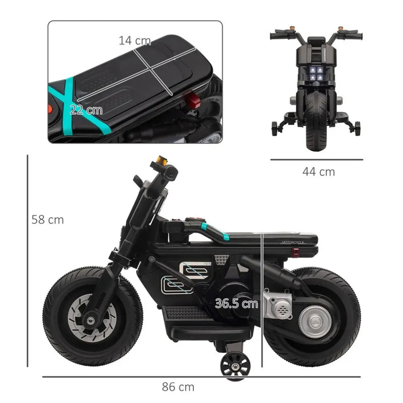 6V Kids Electric Motorbike With Training Wheels, for 3-5 Years - Black