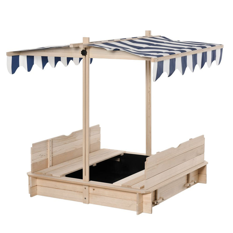 Wooden Sand Pit for Kids with Adjustable Canopy and Detachable Bench Seats