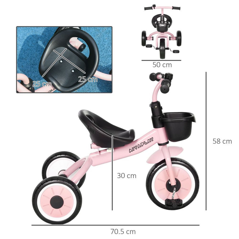 Kids Tricycle with Adjustable Seat, Bell & Basket - Pink - 10" Front Wheels