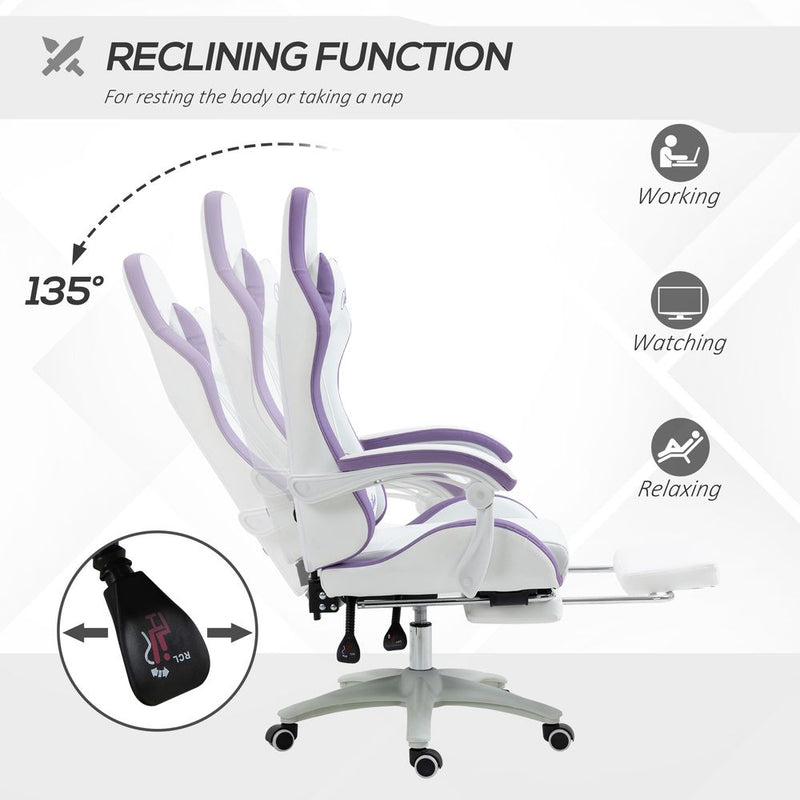 Adjustable Height Gaming Chair with Headrest & Lumbar Support - White/Purple