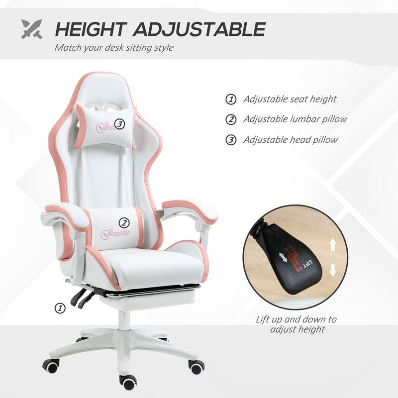 360° Swivel Gaming Chair with Adjustable Lumbar Support - White/Pink