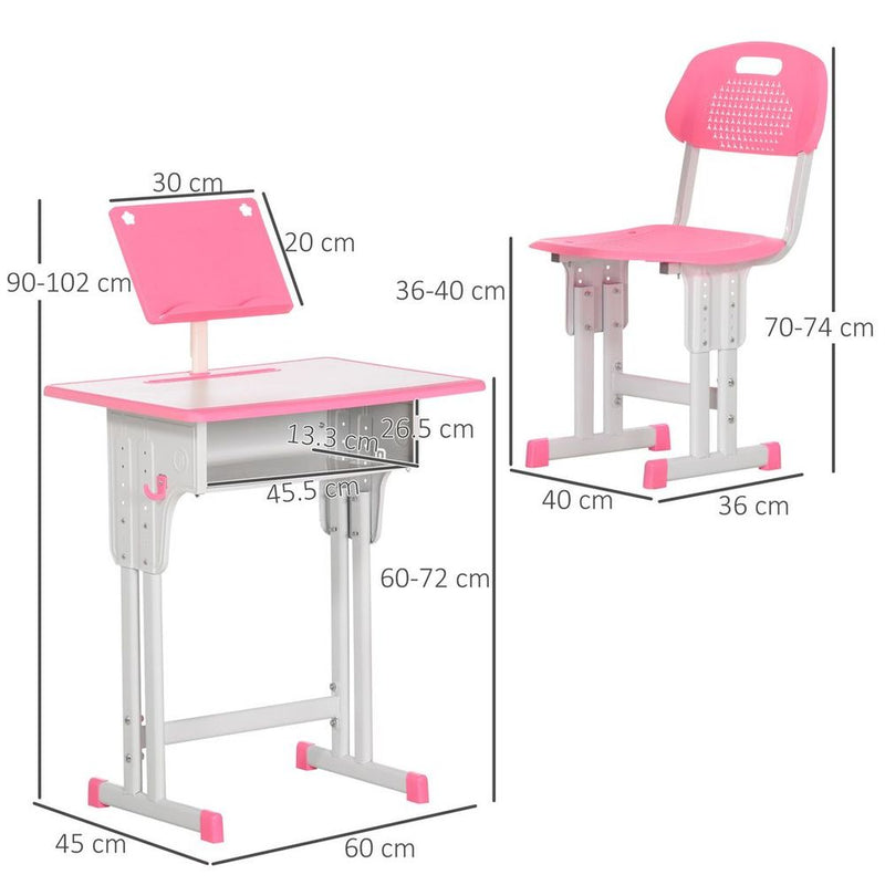 Kids Desk and Chair Set With Drawer, Book Stand, Cup Holder, Pen Slot, Pink