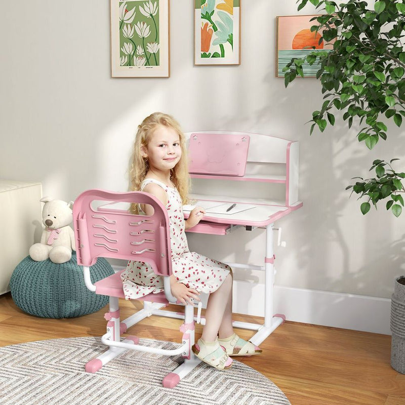 Height Adjustable Kids Desk and Chair Set, with Drawer, Bookshelf, Pink