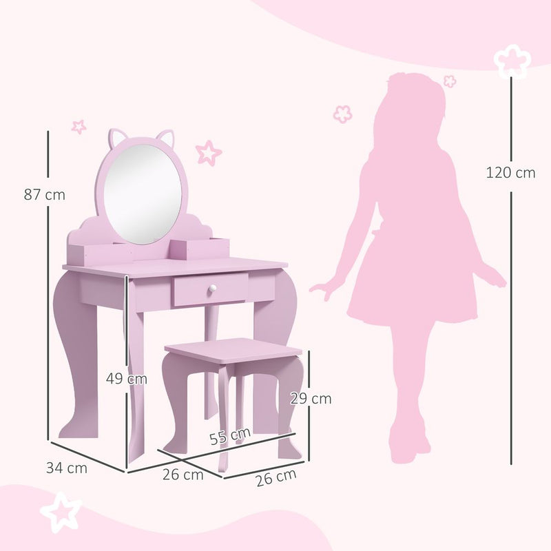 Kids Dressing Table Cat Design with Mirror Stool