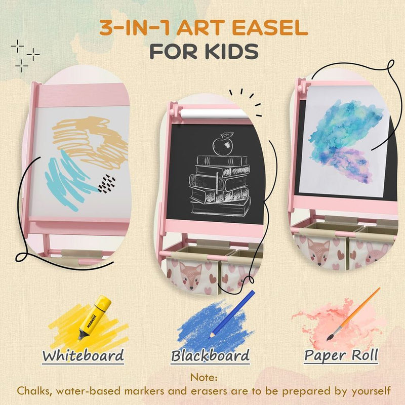 Kids Easel with Paper Roll, Blackboard, Whiteboard, Storage, Pink