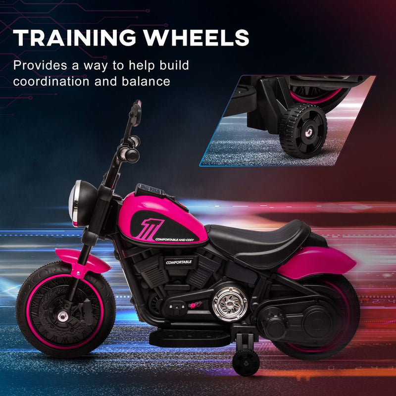 6V Electric Motorbike With Training Wheels, One-Button Start, Headlight - Pink