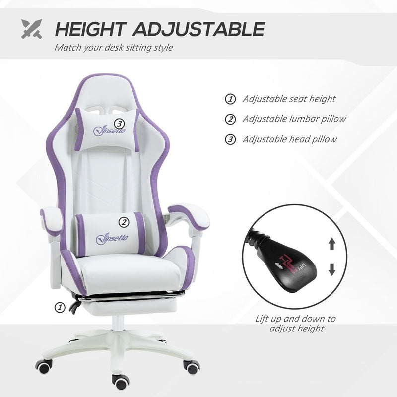 Adjustable Height Gaming Chair with Headrest & Lumbar Support - White/Purple