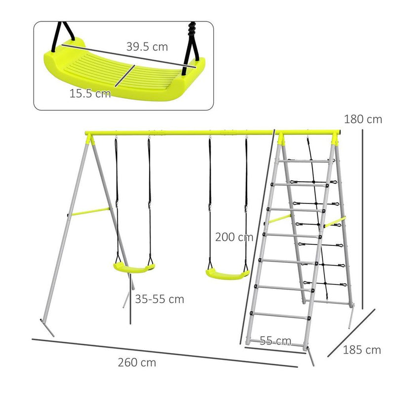 4-in-1 Metal Kids Swing Set with Double Swings, Climber, Climbing Net