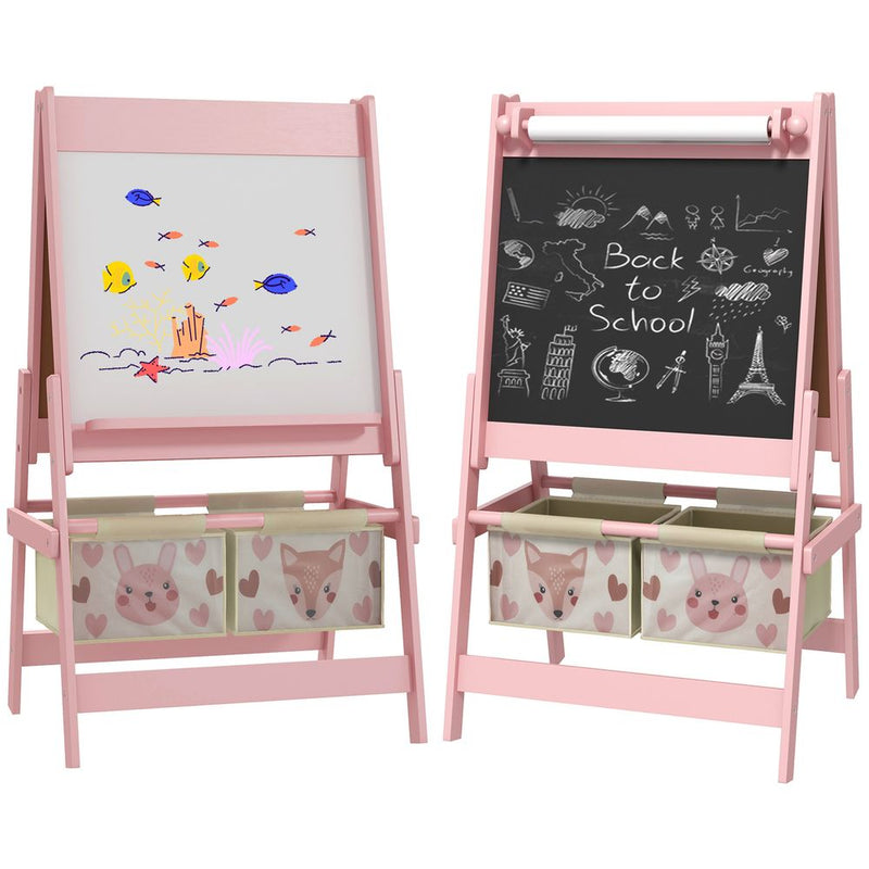 Kids Easel with Paper Roll, Blackboard, Whiteboard, Storage, Pink