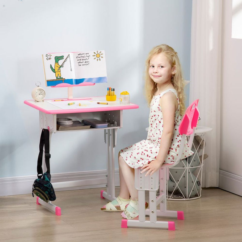 Kids Desk and Chair Set With Drawer, Book Stand, Cup Holder, Pen Slot, Pink