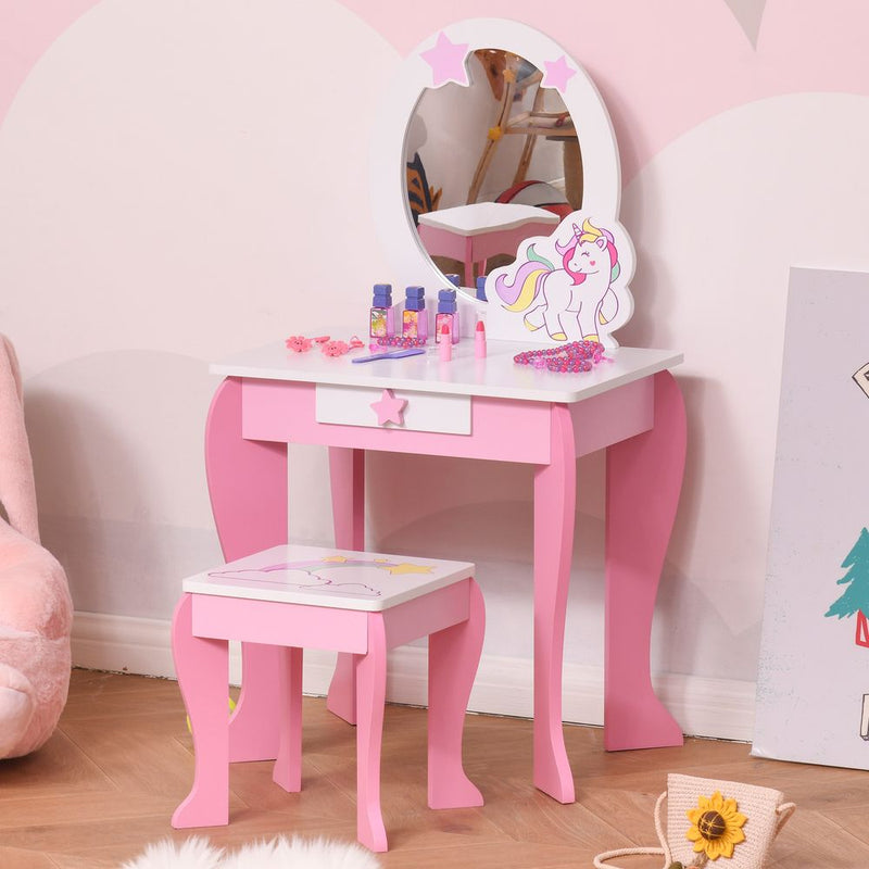 Kids Dressing Table, Girls Vanity Set With Mirror and Stool Unicorn-Designed