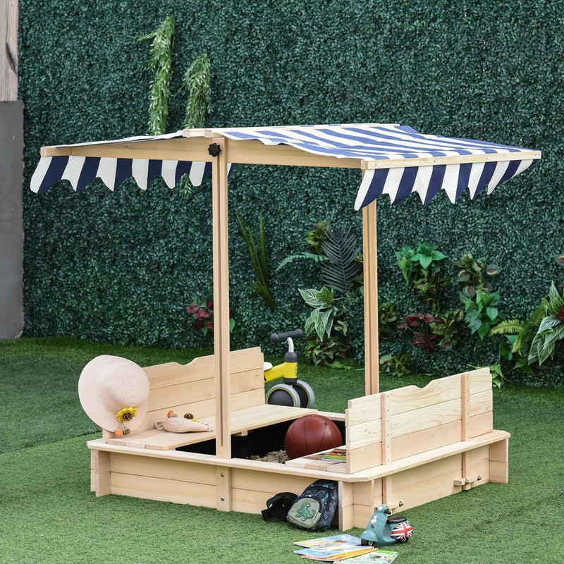 Wooden Sand Pit for Kids with Adjustable Canopy and Detachable Bench Seats