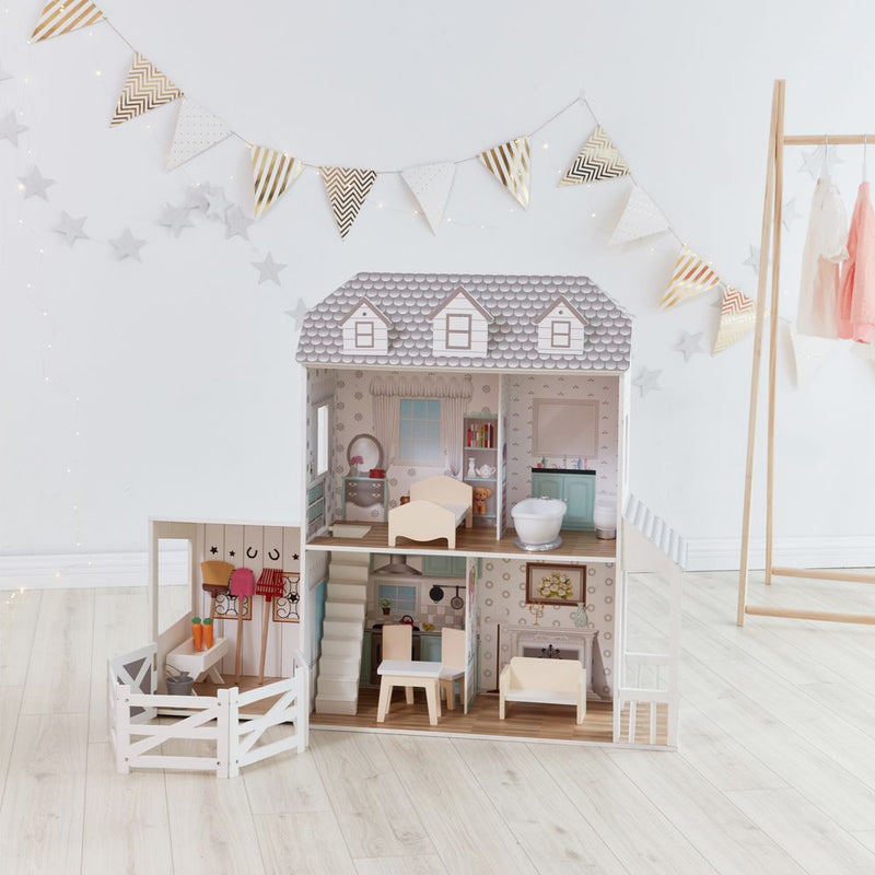 Spacious Charming Farmhouse Dollhouse - Interactive Porch Set & 14 Accessories