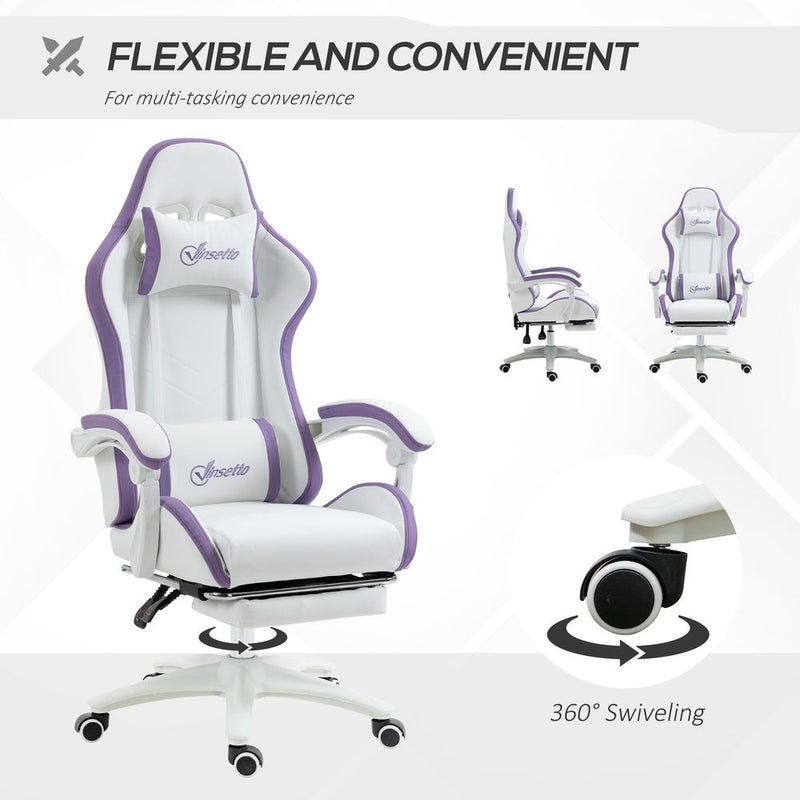 Adjustable Height Gaming Chair with Headrest & Lumbar Support - White/Purple