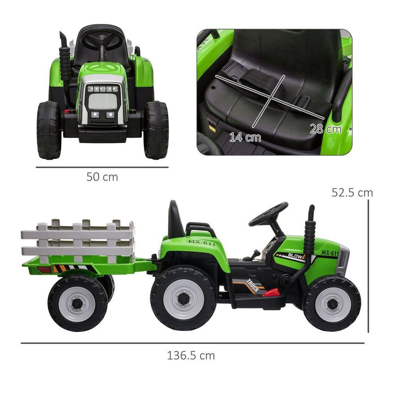 Ride on Tractor with Detachable Trailer Remote Control - Green