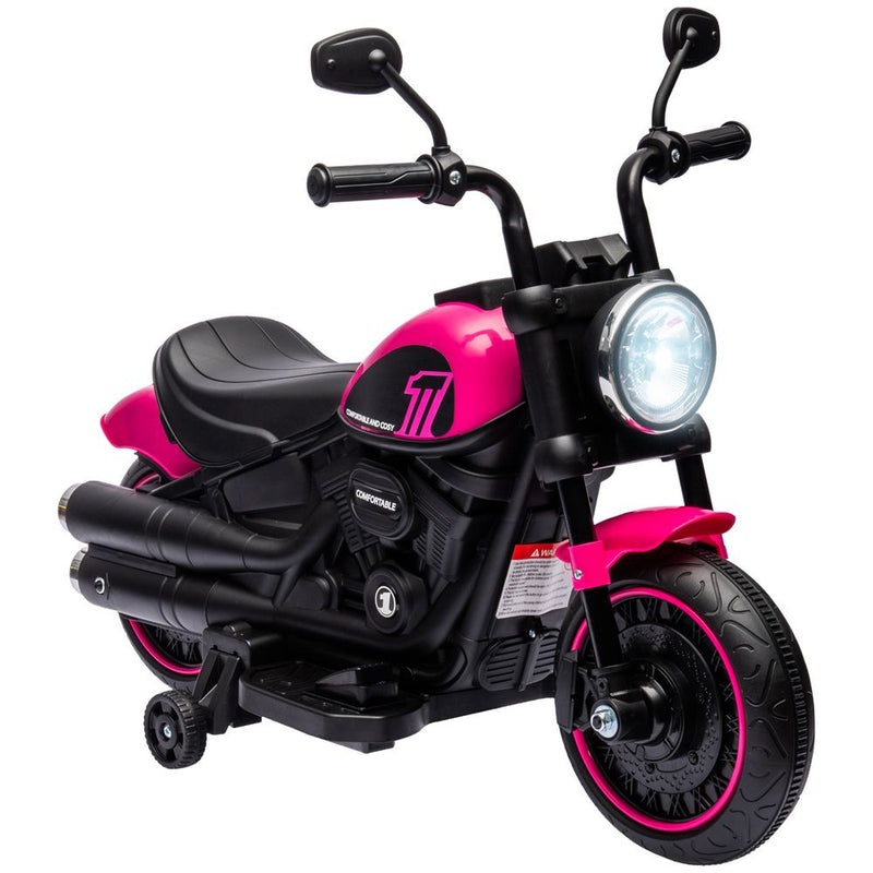 6V Electric Motorbike With Training Wheels, One-Button Start, Headlight - Pink