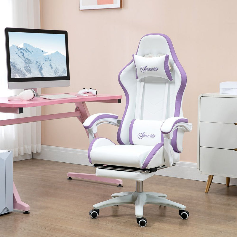 Adjustable Height Gaming Chair with Headrest & Lumbar Support - White/Purple