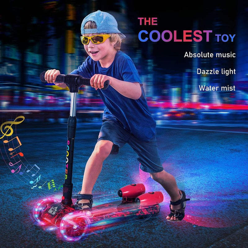 Kids Scooter with Music Flashing Wheels and Water Spray Rechargeable