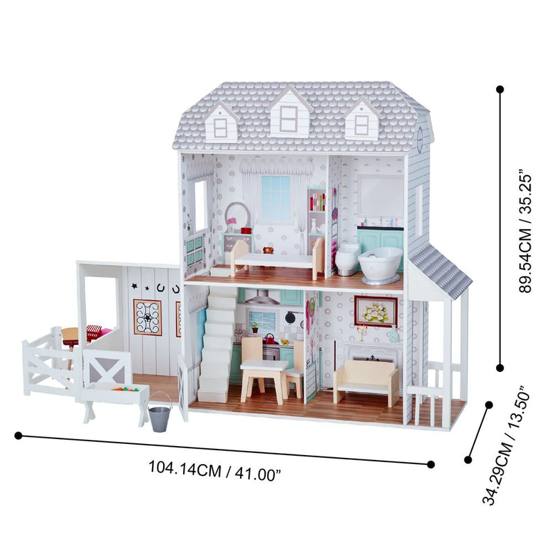 Spacious Charming Farmhouse Dollhouse - Interactive Porch Set & 14 Accessories