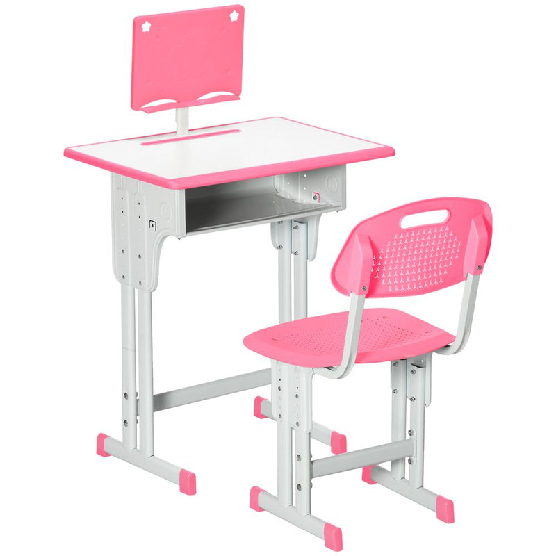 Kids Desk and Chair Set With Drawer, Book Stand, Cup Holder, Pen Slot, Pink