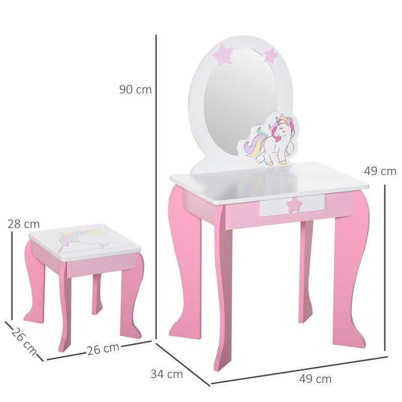 Kids Dressing Table, Girls Vanity Set With Mirror and Stool Unicorn-Designed