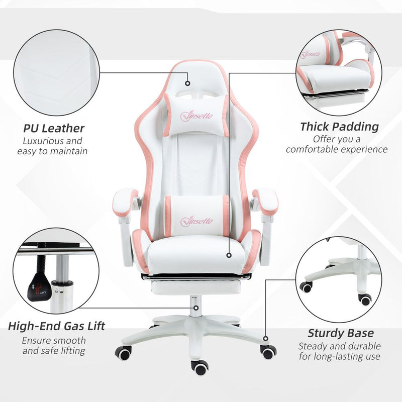 360° Swivel Gaming Chair with Adjustable Lumbar Support - White/Pink