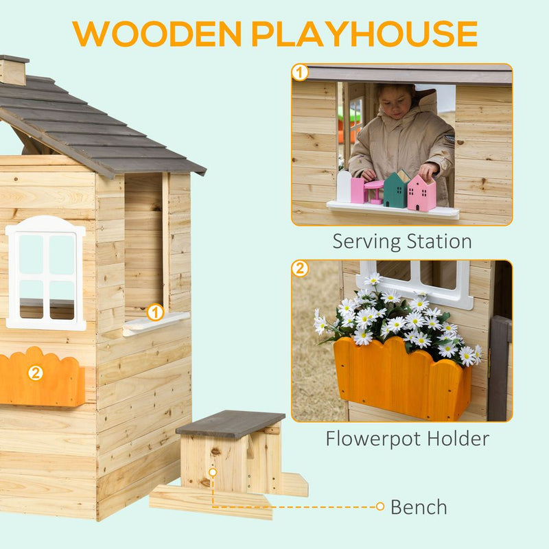 Wooden Kids Playhouse w/ Door, Windows, Bench, For Ages 3-7 Years