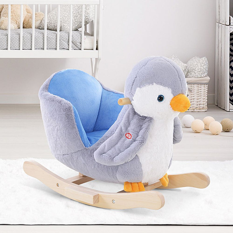 Animal Baby Rocking Horse Penguin Plush Musical Button With 32 Songs Wood