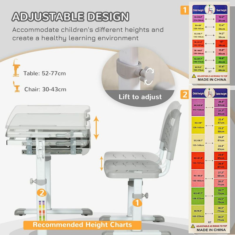 Kids Desk and Chair Set Adjustable Tiltable With Drawer, Pen Slot, Hook